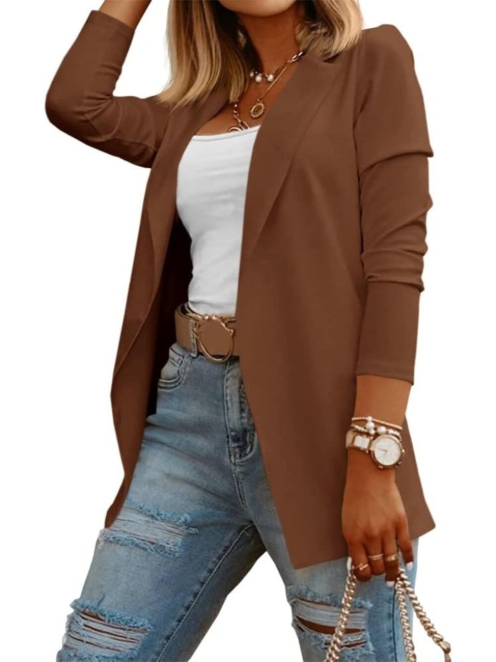 🆕Women's Coffee Casual Knit Blazer Open Front Long Sleeve Work Office Jacket